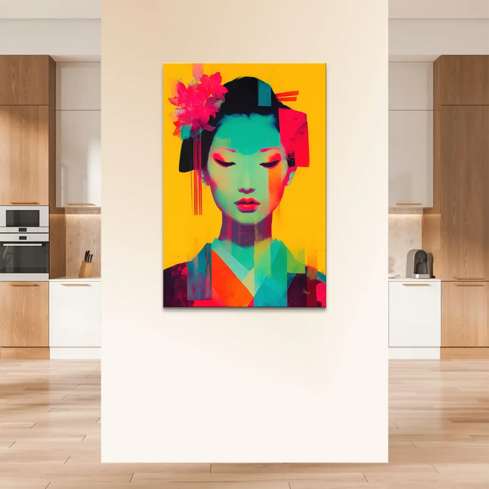 Close-up of Geisha portrait in bold Pop Art style on canvas.
