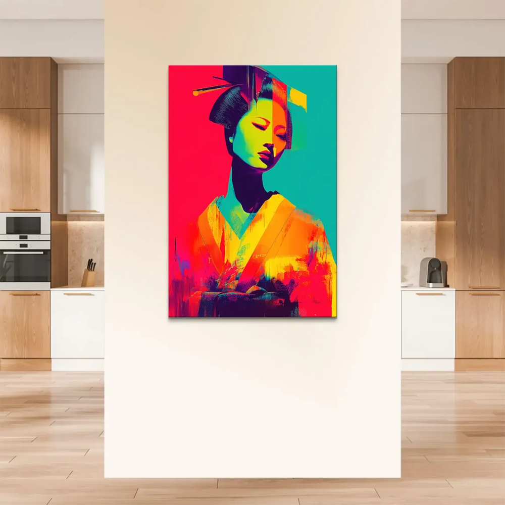 Bold geisha figure in Pop Art style on canvas with vibrant neon colors.