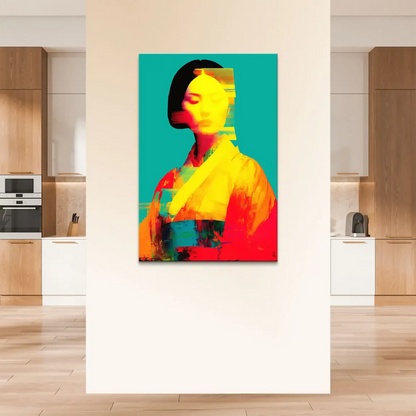 Close-up geisha portrait showing red and orange attire in glitch-art style