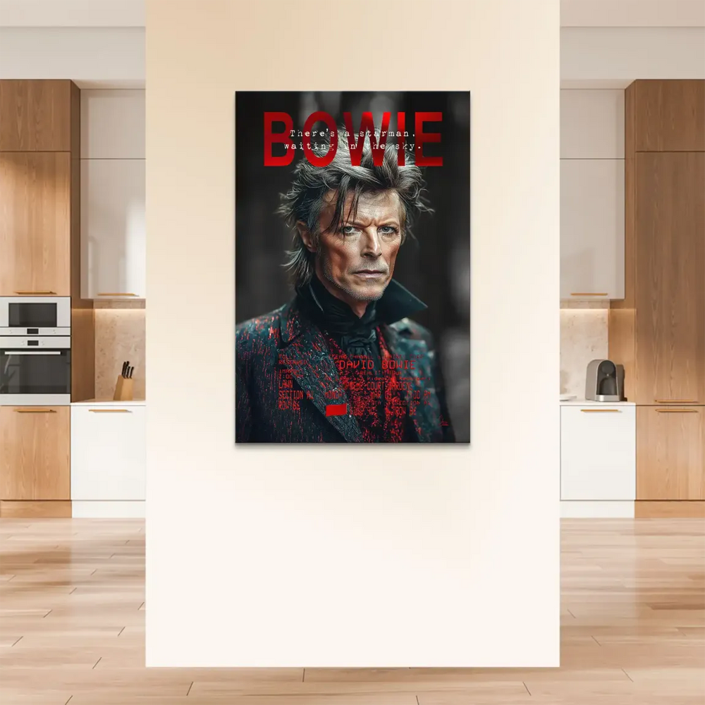 Close-up of Bowie's piercing eyes and red BOWIE text on a textured jacket canvas