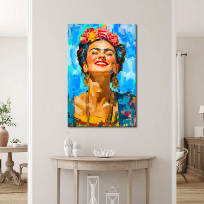 Impressionistic brushstrokes and luminous yellows in Frida Kahlo wall art.
