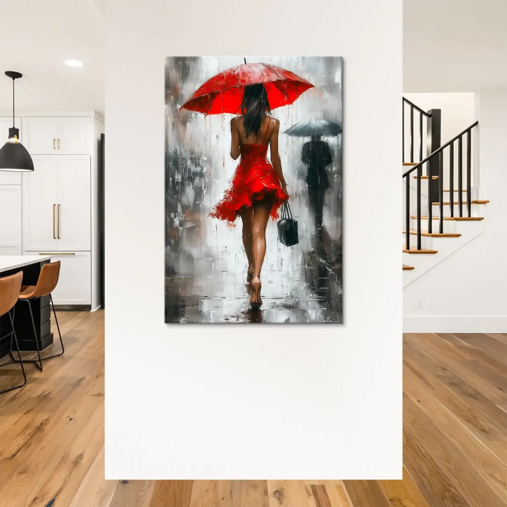 Impressionistic rain scene with bold red umbrella and reflections on wet pavement