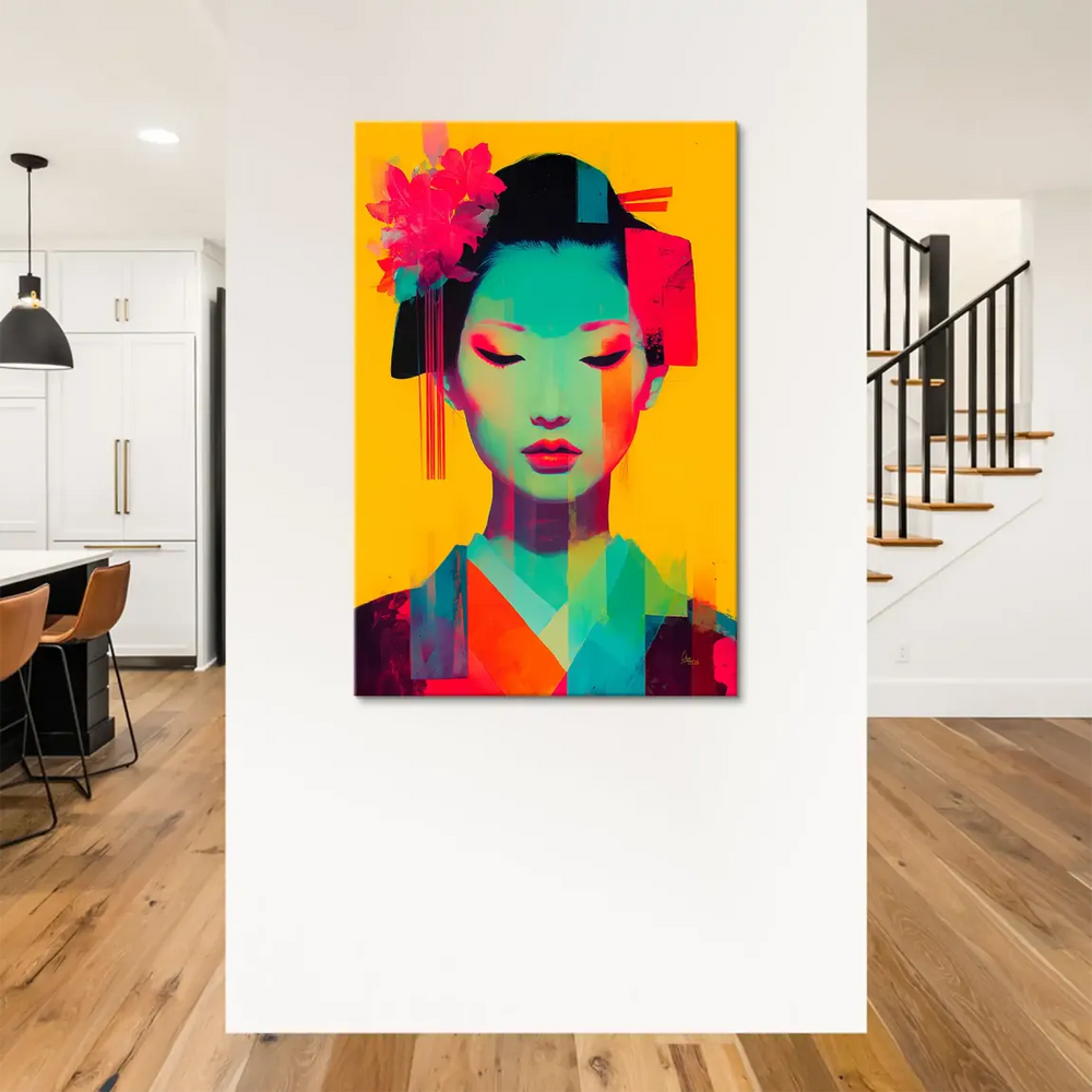 Geisha with red floral hair ornament and black updo in neon colors.