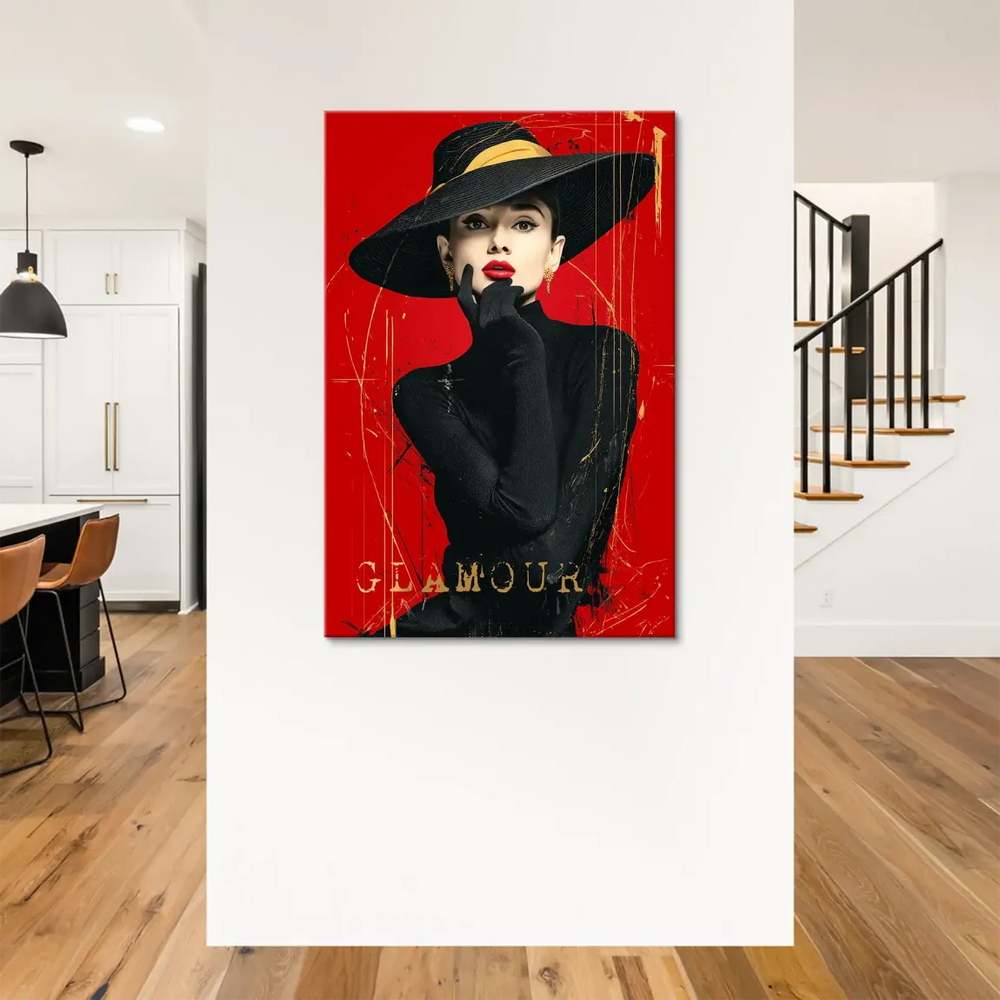 Black wide-brim hat with yellow ribbon and red lipstick portrait
