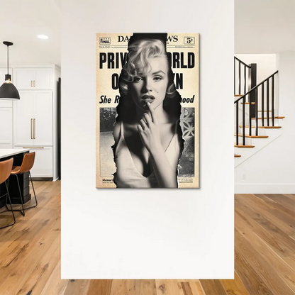 Marilyn Monroe portrait framed by distressed newspaper collage in grayscale