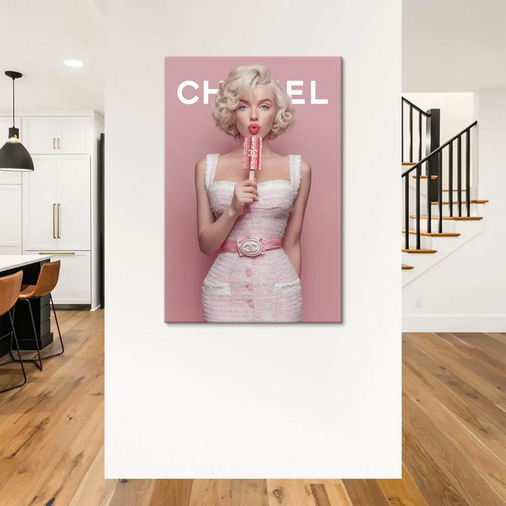 Pop art inspired wall art with a luxury fashion mood in pink and white