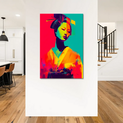 Geisha hairstyle with subtle glitch-art elements on a neon canvas.
