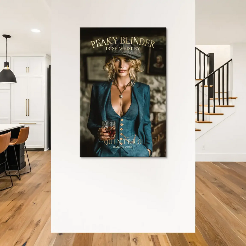 Teal and amber color palette with a moody, muted background for wall art