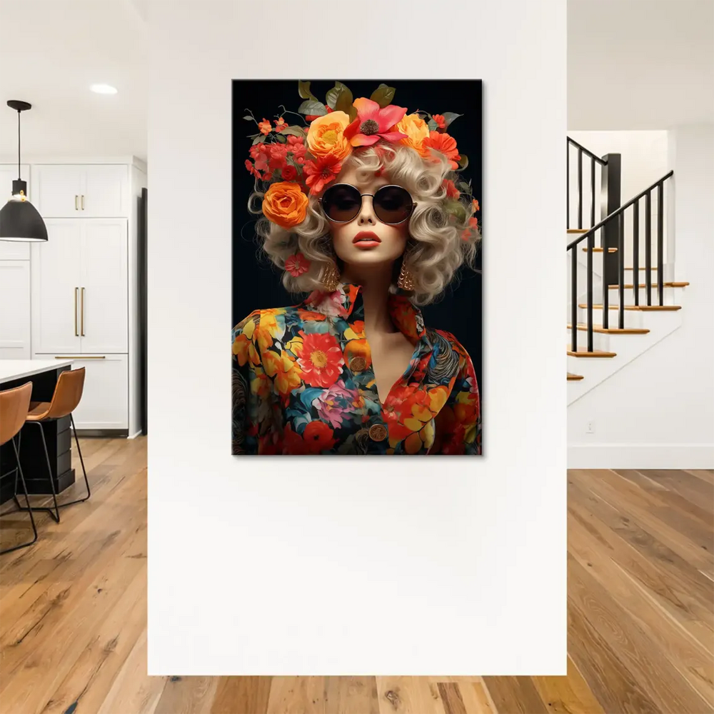 Floral Glamour Canvas Print Woman Portrait in Orange Flowers - Image 3