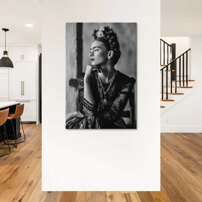 Monochrome canvas art of a thoughtful woman reflecting 20th-century Mexican portraiture.