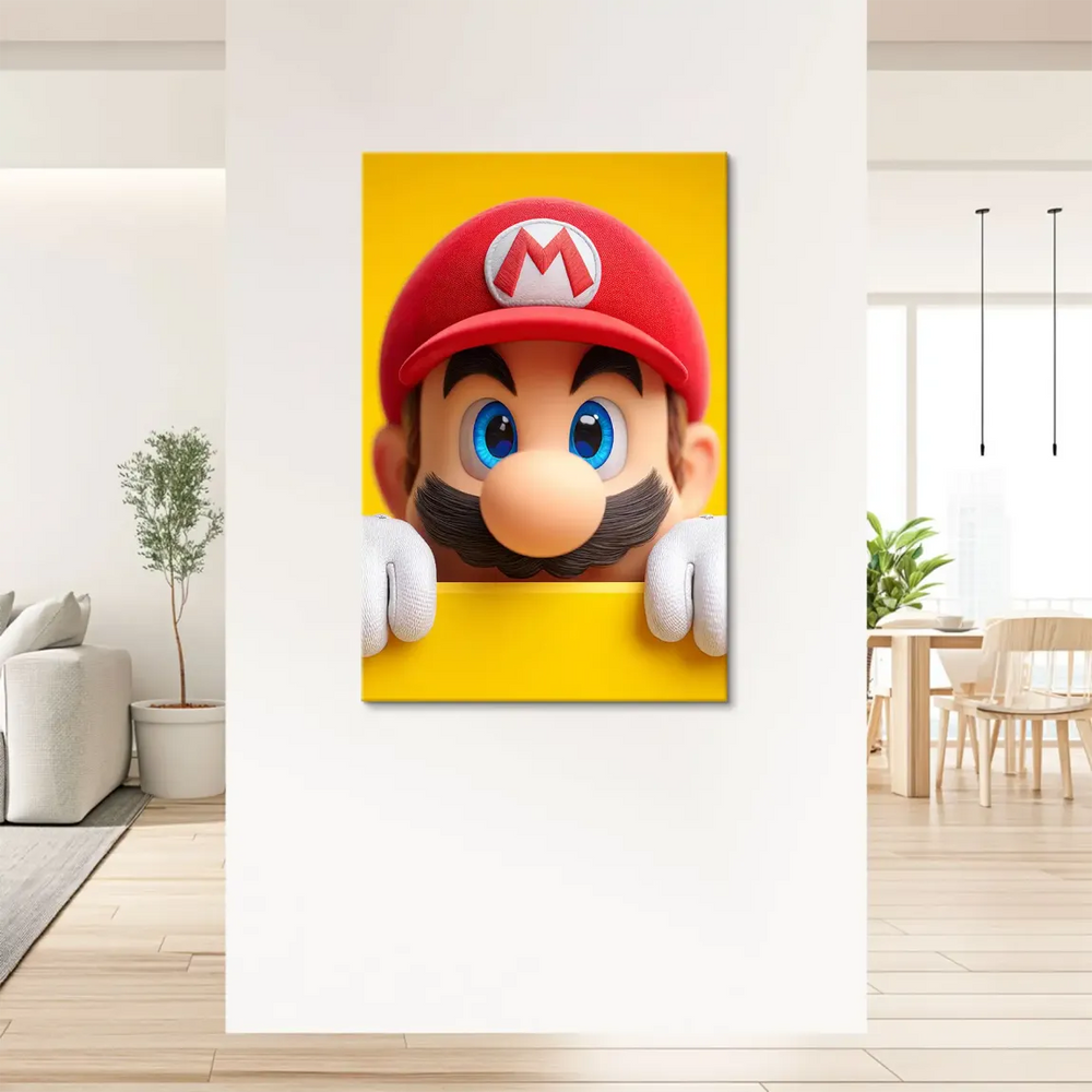 Mario's red cap with the iconic M emblem and mustache against a vibrant yellow background.
