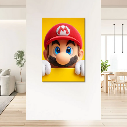 Mario's red cap with the iconic M emblem and mustache against a vibrant yellow background.