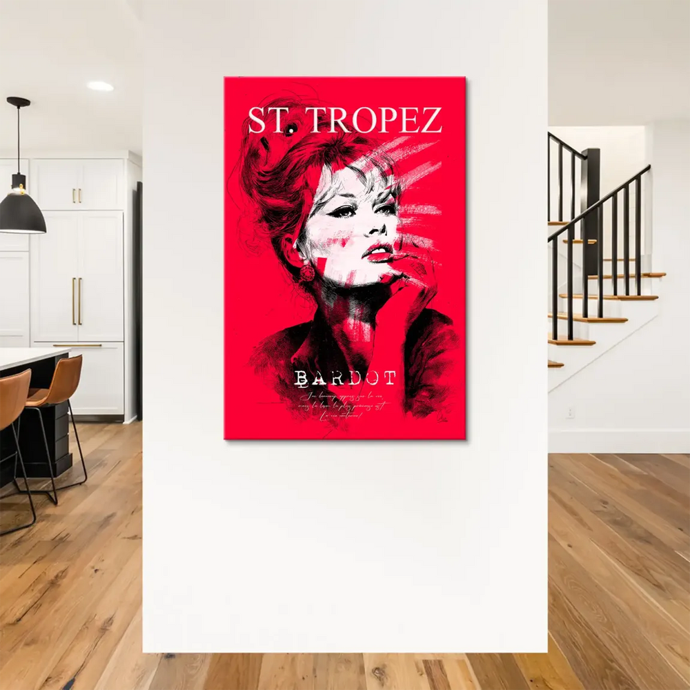 Bardot's glamorous gaze featured in a vintage pop art canvas with red backdrop
