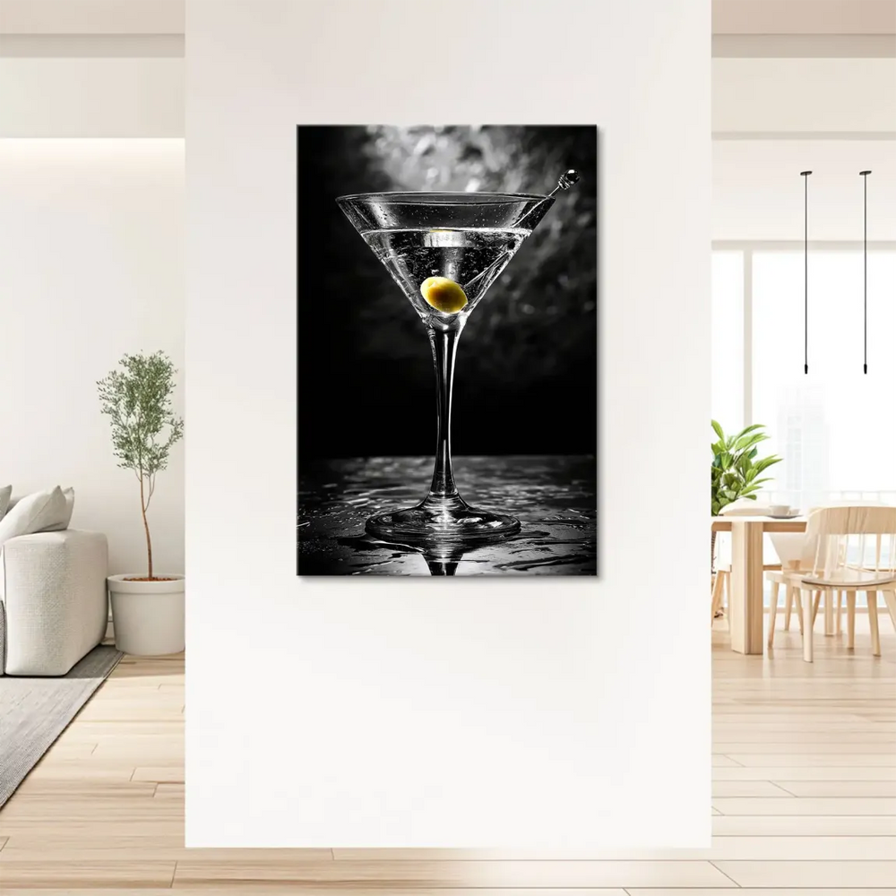 Single olive on cocktail pick in a high-contrast monochrome artwork