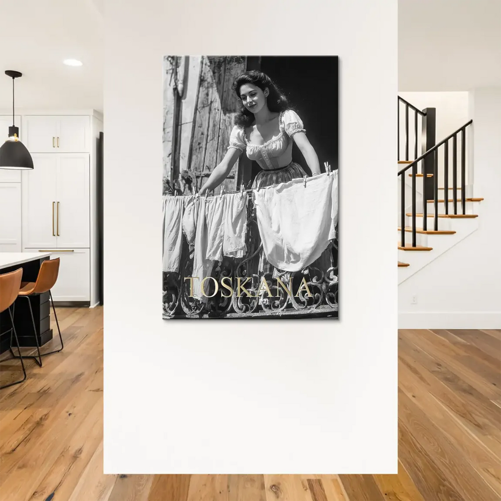 Rustic wooden shutters frame the central figure in this vintage European balcony scene.