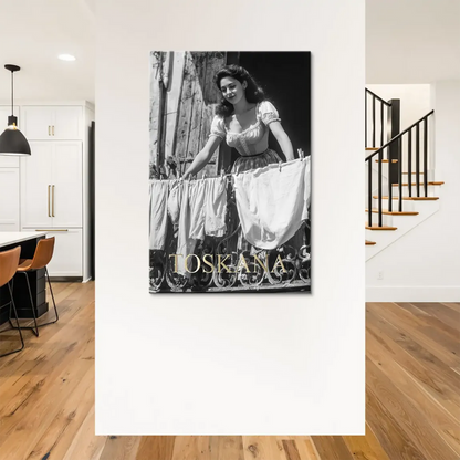 Rustic wooden shutters frame the central figure in this vintage European balcony scene.