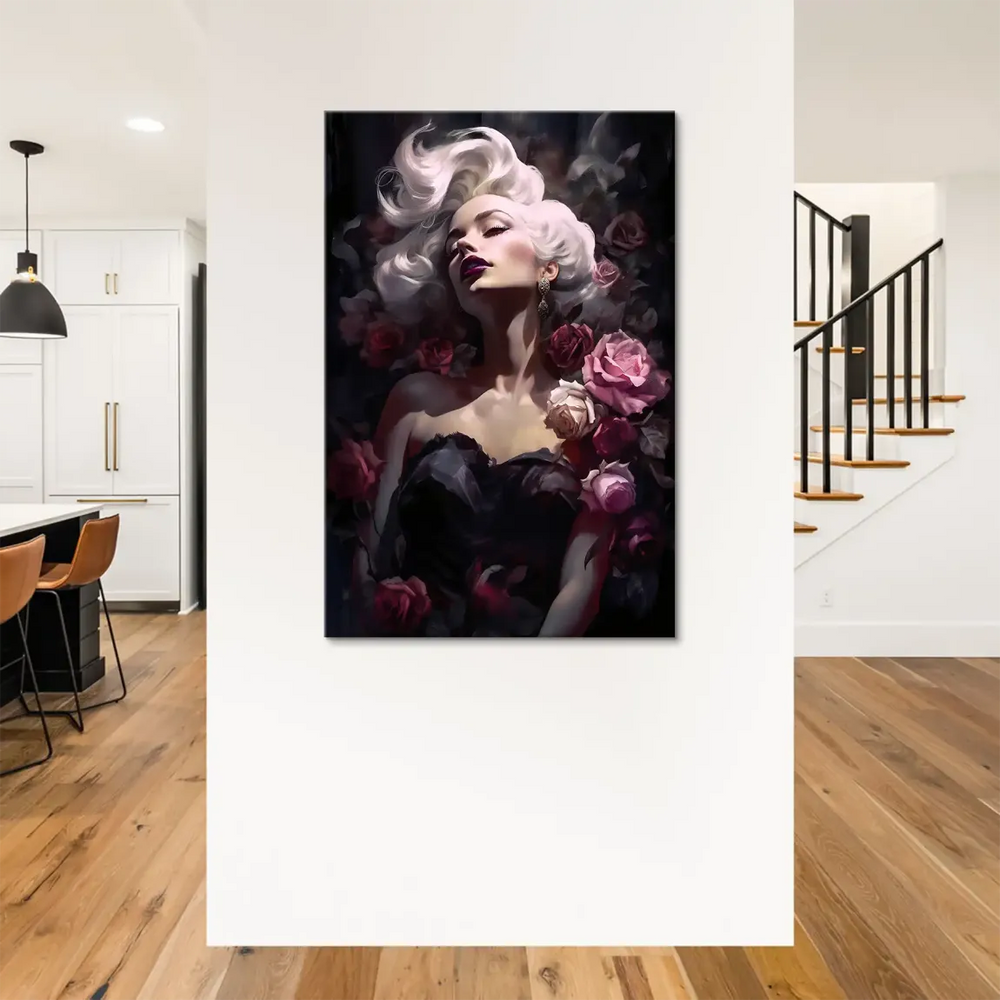 Romantic Hollywood-style portrait featuring a graceful woman with platinum blonde hair.