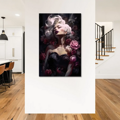 Romantic Hollywood-style portrait featuring a graceful woman with platinum blonde hair.