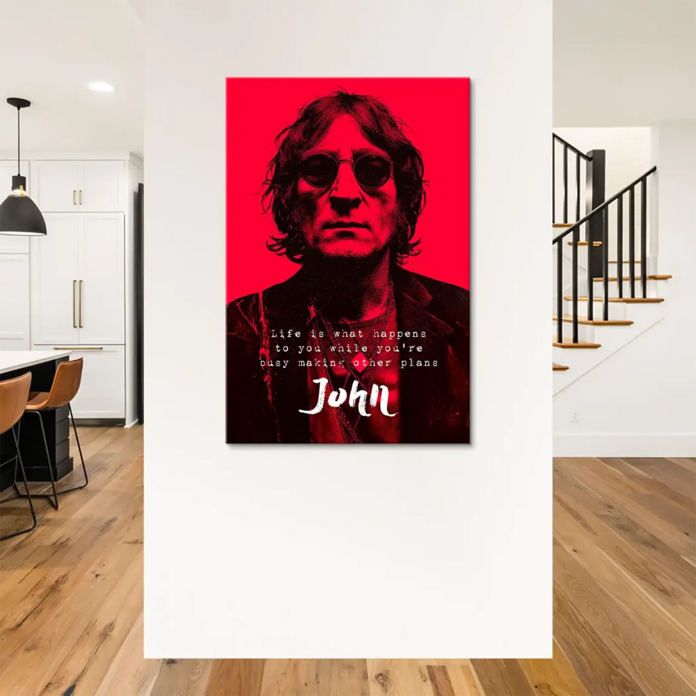 High-contrast Lennon canvas art with red background