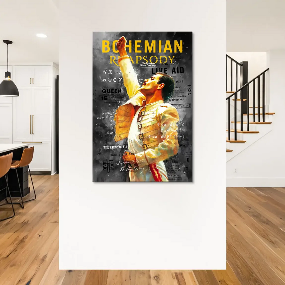 Monochrome background with layered typography complementing a bold Freddie Mercury figure.