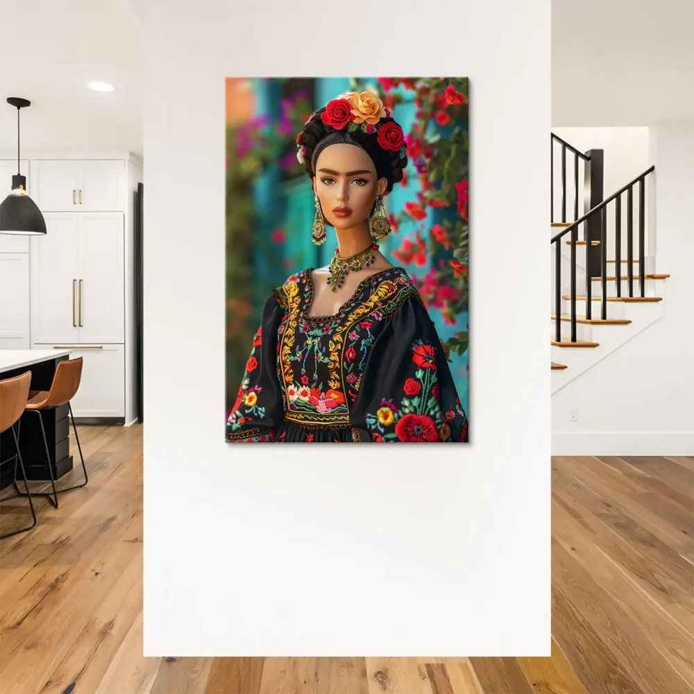 Teal background with blooming red flowers surrounding the Frida Barbie figure.
