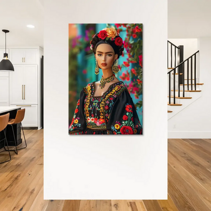 Teal background with blooming red flowers surrounding the Frida Barbie figure.