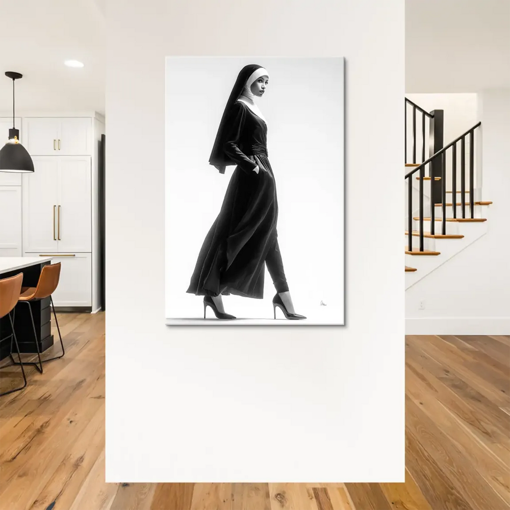 Elegant wall art blending religious imagery with high fashion for modern interiors.