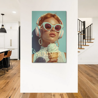 Close-up of a glamorous summer fashion portrait highlighting pink sunglasses, pastel headphones, and a cheerful mood.