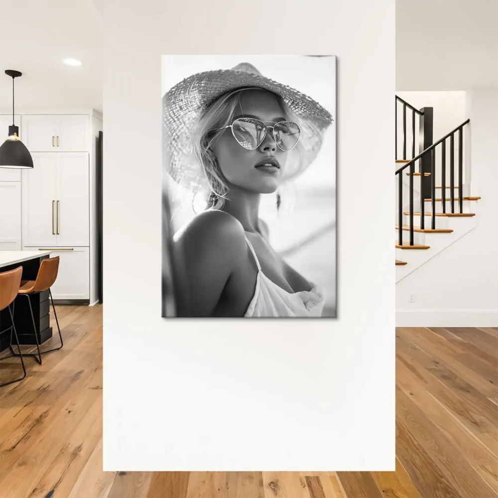 Elegant black-and-white canvas print featuring a mysterious woman in a hat and stylish sunglasses for contemporary interiors.