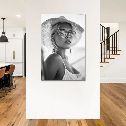 Elegant black-and-white canvas print featuring a mysterious woman in a hat and stylish sunglasses for contemporary interiors.