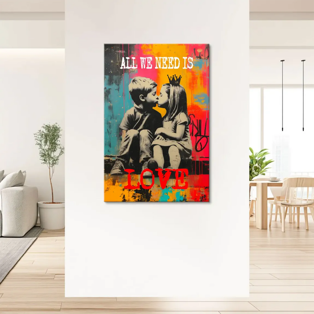 Urban pop graffiti style wall art featuring two grayscale children kissing