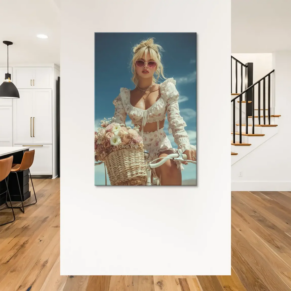 Pastel-toned wall art featuring a floral-print crop top and pink heart-shaped sunglasses.