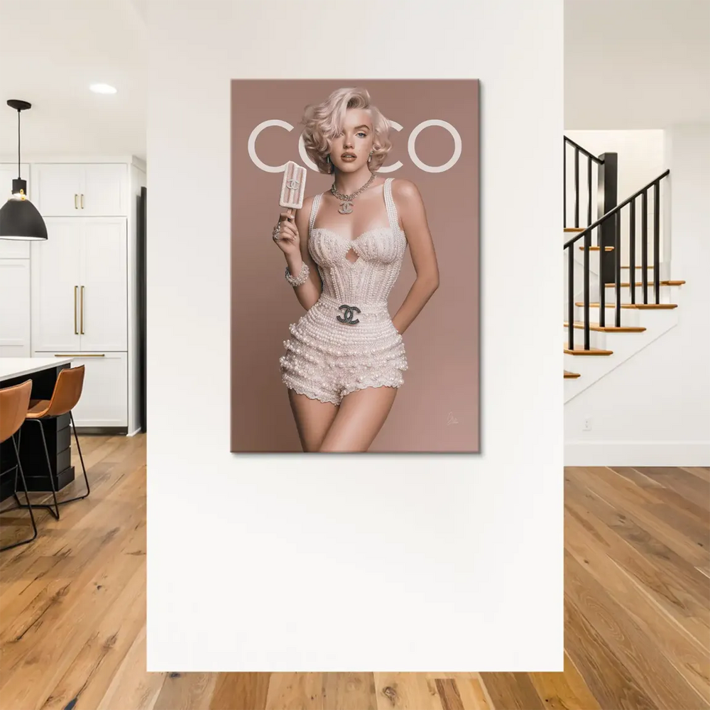 Soft pink-beige background with COCO reference in wall art