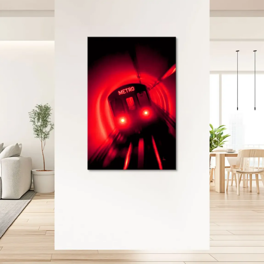Symmetrical front view of the neon-inspired Metro Art canvas in an urban setting