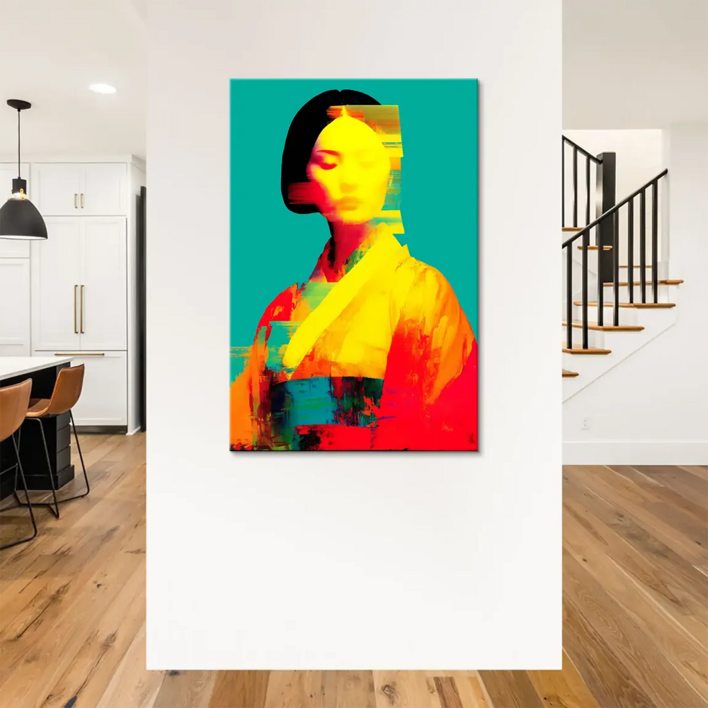 Abstract geisha canvas print with bold color blocking on teal backdrop