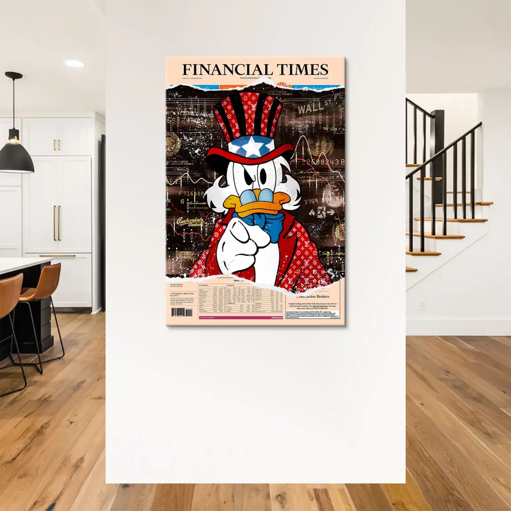 Scrooge McDuck artwork on canvas with red, white, and blue colors, urban Pop Art vibe.