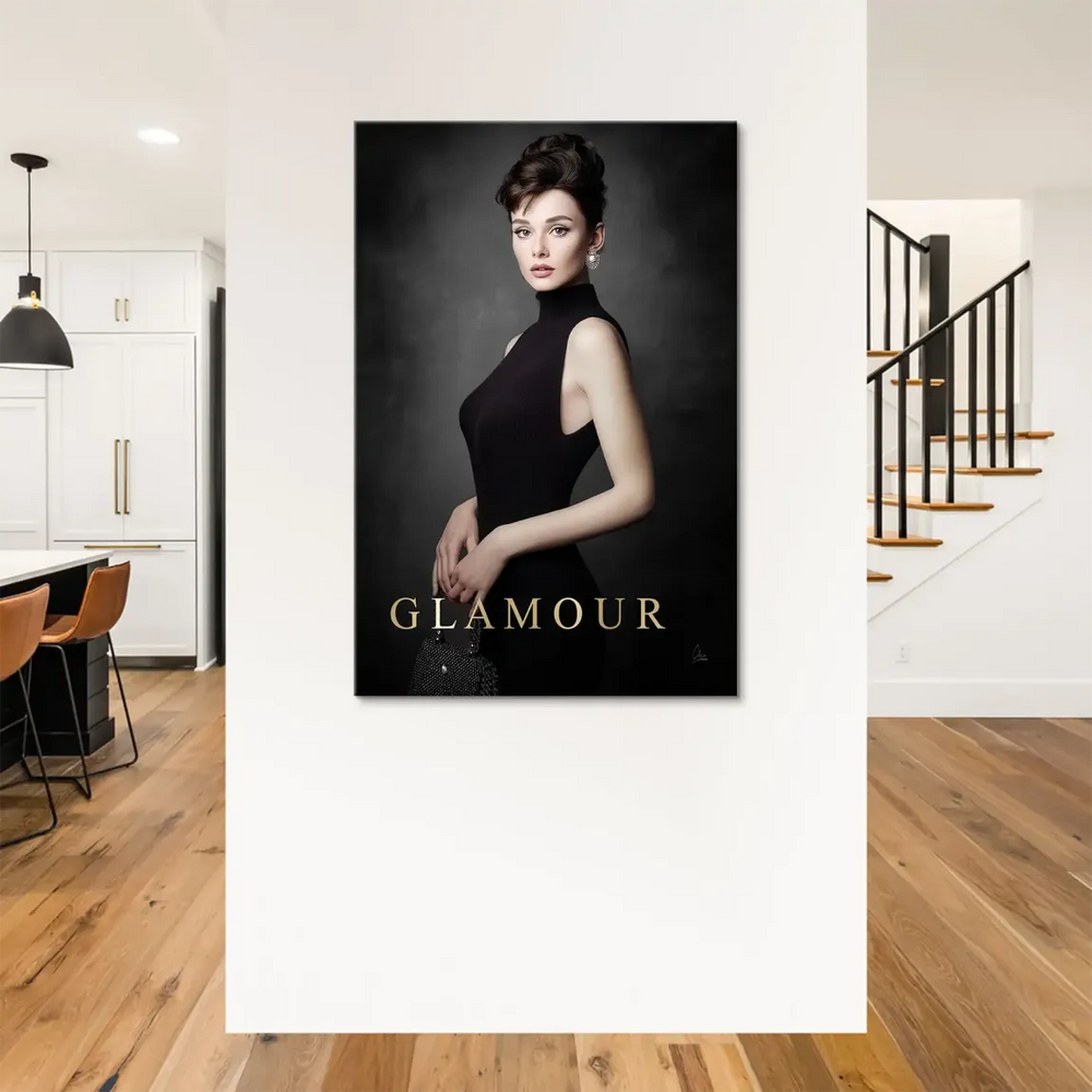 Dark grey painterly background highlights a timeless fashion portrait on canvas