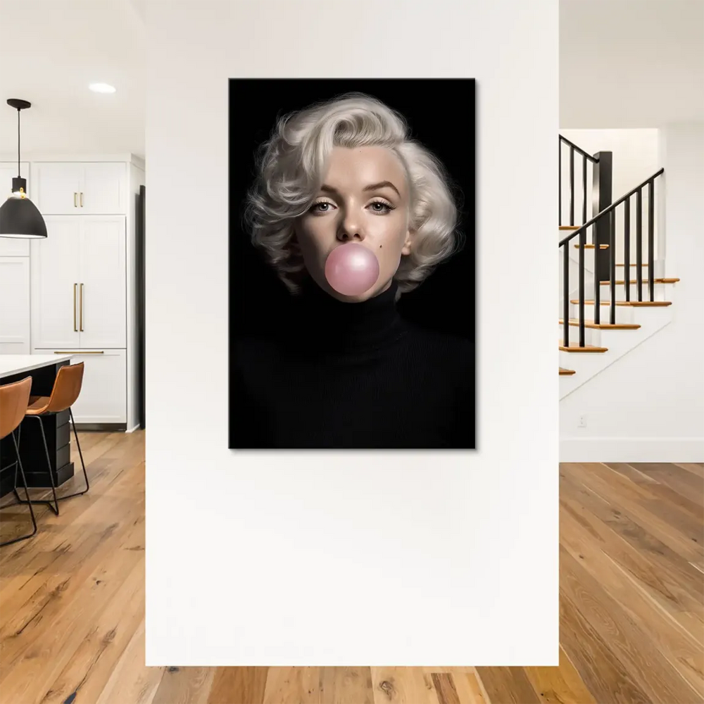 Platinum blonde curls against a stark black background with a pink bubblegum bubble