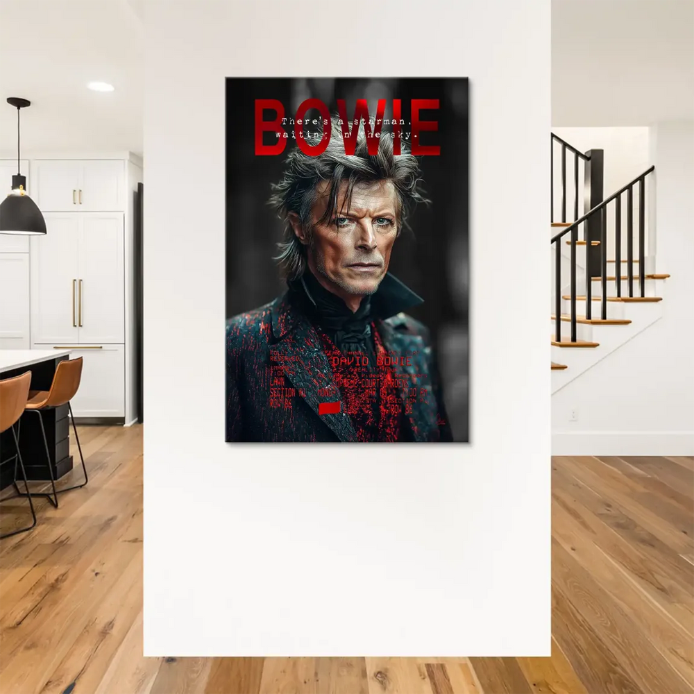 Cyberpunk-inspired Bowie wall art with crimson splatters on a dark jacket