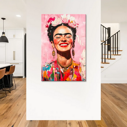 Frida Kahlo canvas art with pink background and floral crown