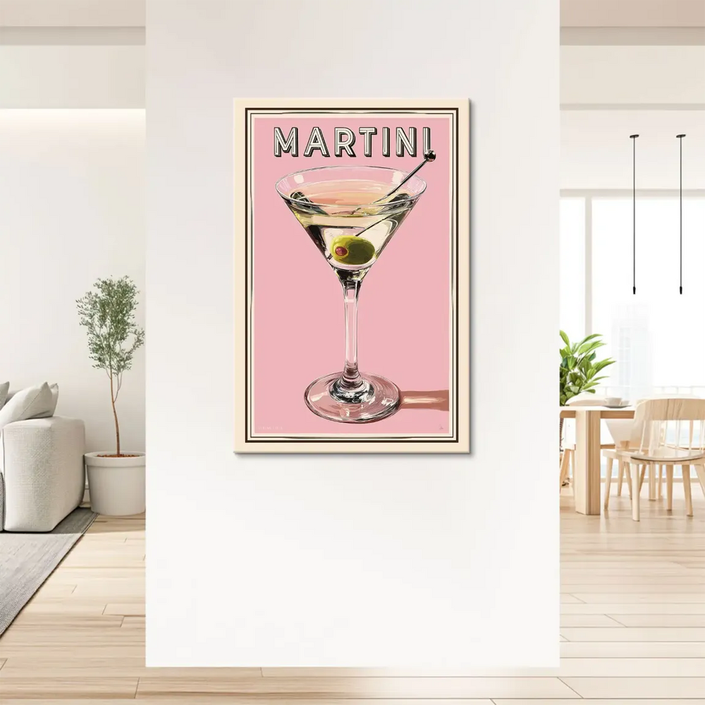 Cream and black framed canvas artwork with retro cocktail illustration