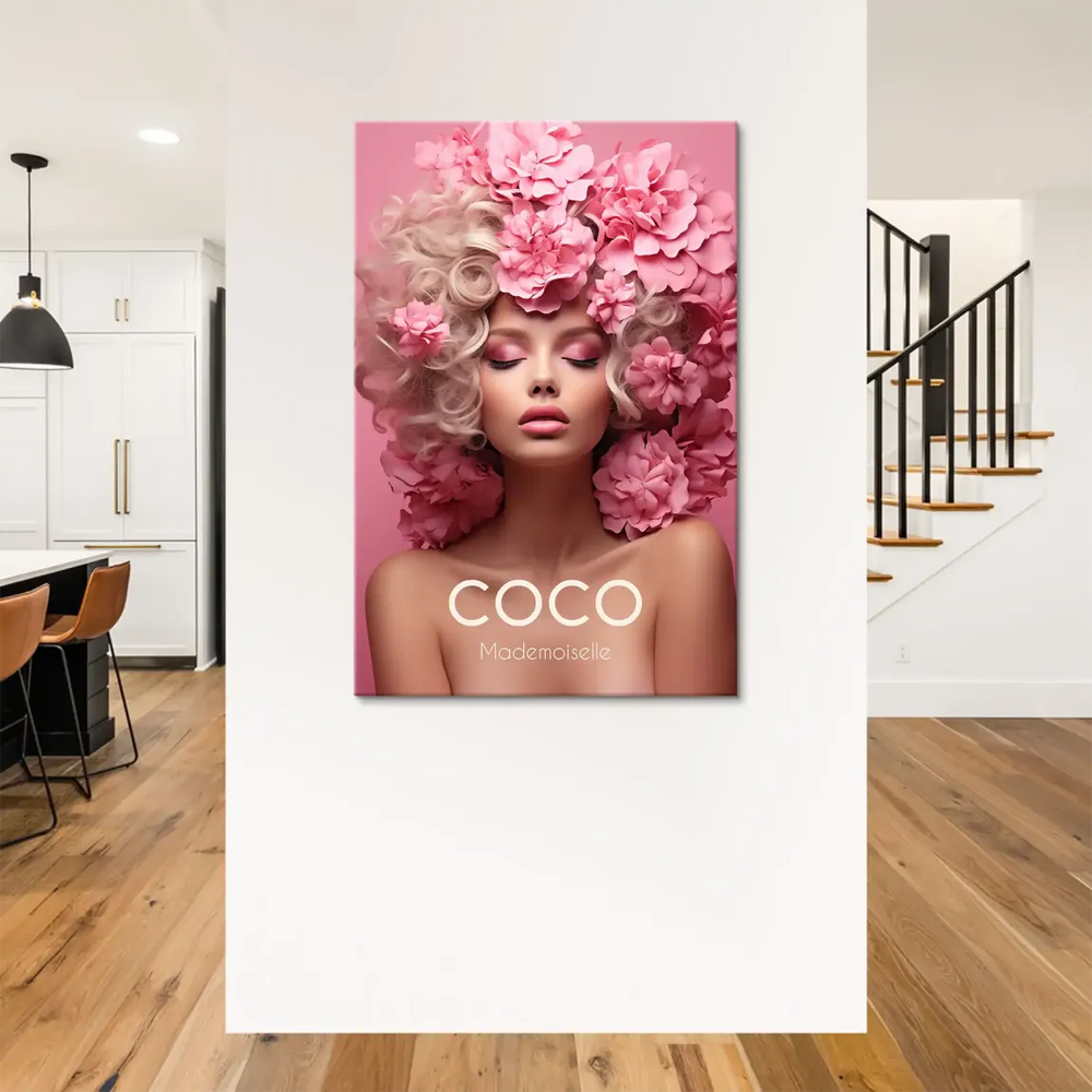 Close-up of vibrant pink blossoms in the hair of the Coco Pink Elegance artwork