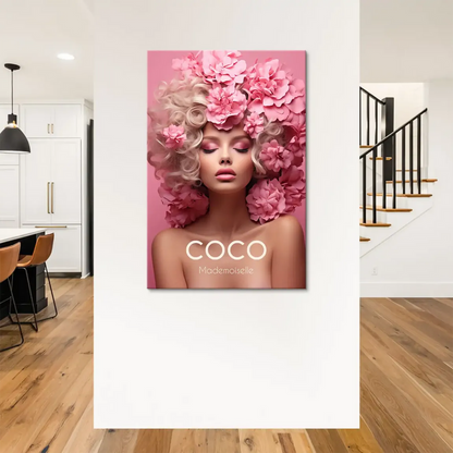 Close-up of vibrant pink blossoms in the hair of the Coco Pink Elegance artwork