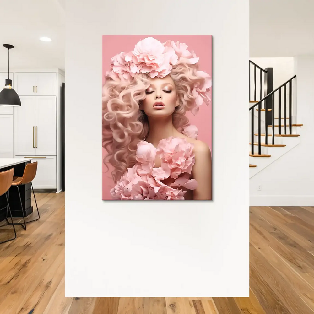 Close-up of soft pink flowers and curled hair on a modern luxury canvas artwork.