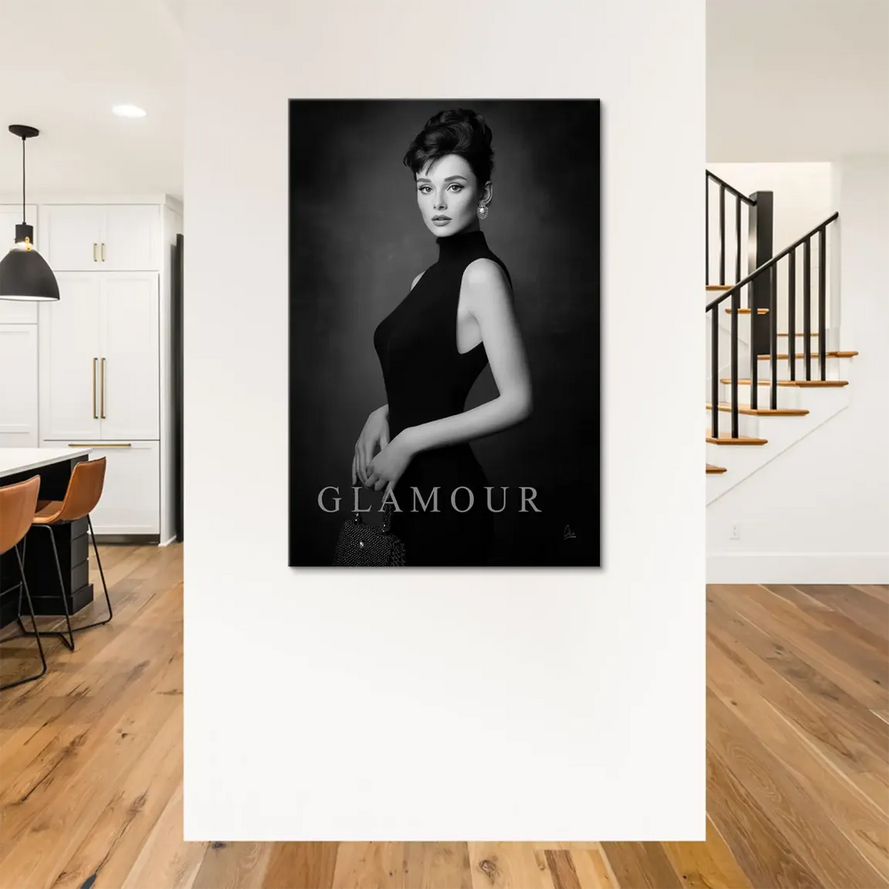 Classic glamour wall art with a refined pose against a dark backdrop, reminiscent of mid-century cinema.