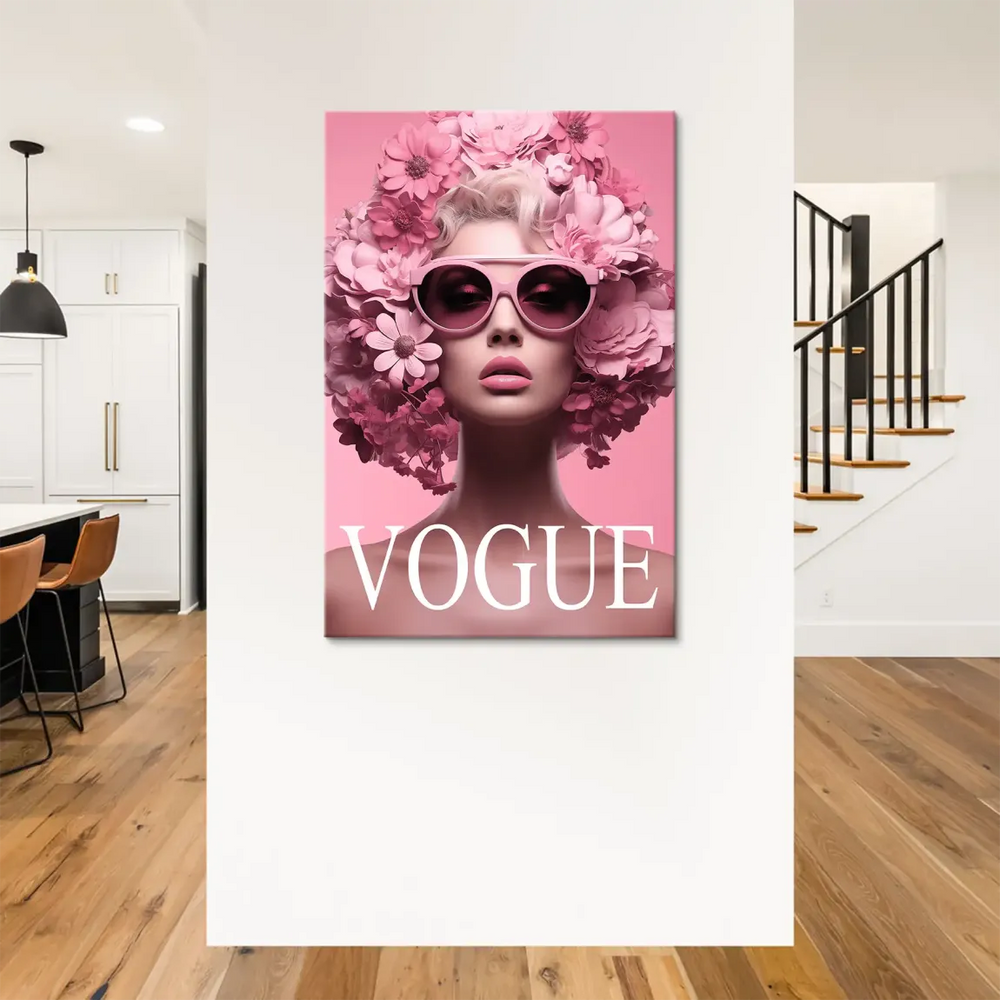 White Vogue typography at the bottom of a chic pink portrait canvas