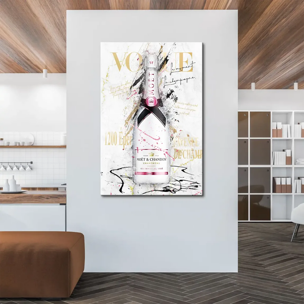 Center-focused Moët & Chandon Rosé bottle in stylish wall art against white abstract background