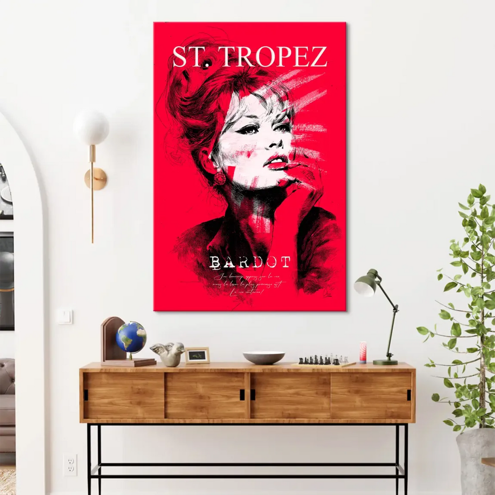 Top text reads ST TROPEZ in bold white against a red canvas
