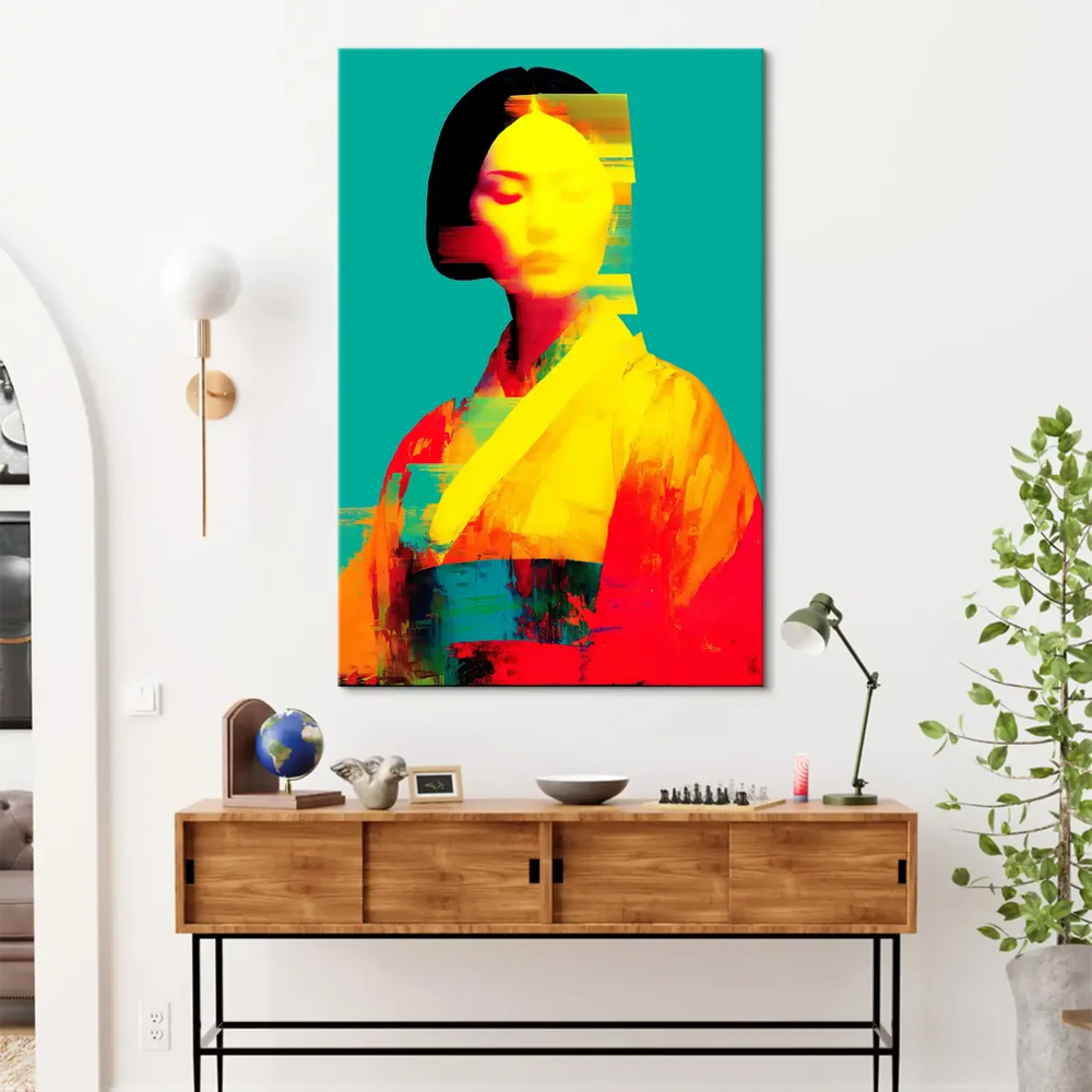 Modern wall art featuring geisha portrait with black bob and vibrant palette