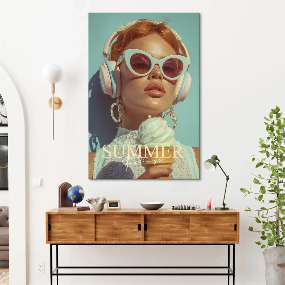 Pastel pink, mint, and cream color palette featured in a contemporary pop art inspired canvas.